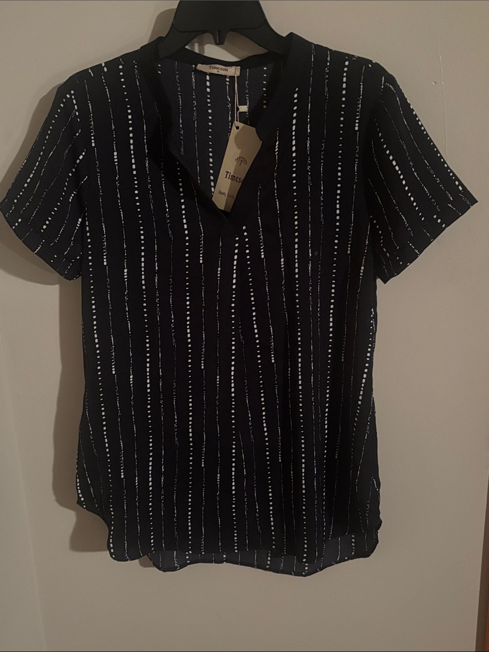 Timeson Black Short Sleeve V-Neck Blouse with White Stripe